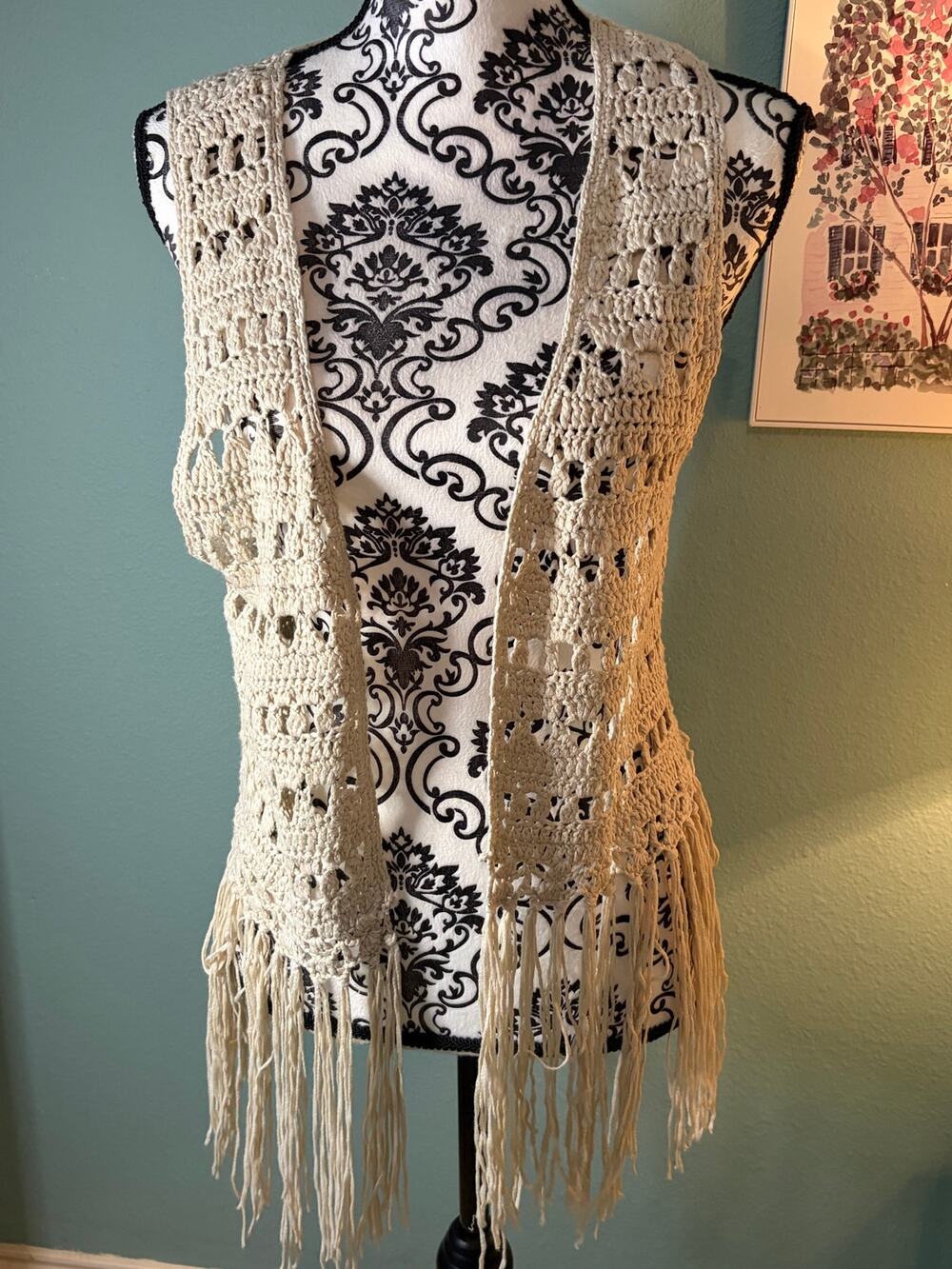 Umgee Large Cream Crochet Fringe Vest Boho Festival Open Front croquette